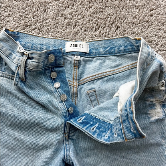 Agolde Parker Long Light Blue high waist cutoff distressed denim jean Shorts 24 - Picture 3 of 4